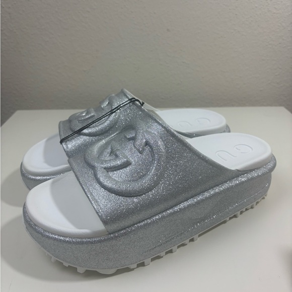 Gucci Interlocking G Glitter Rubber Platform Mules Sandals Slide - Picture 1 of 7